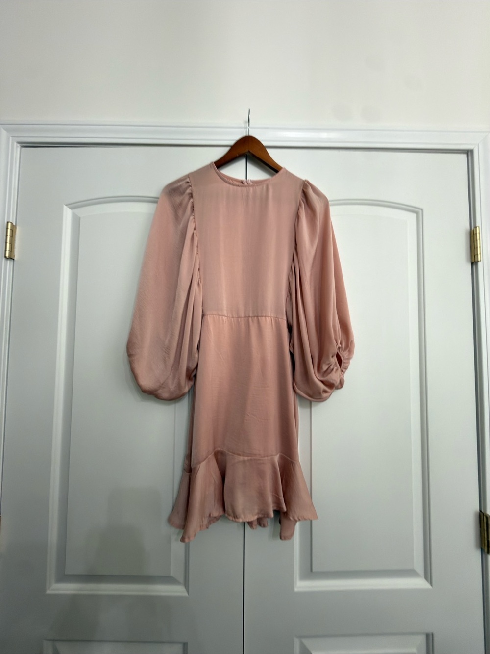 Women's Silk Blush Pink Long Sleeve Ruffle Hem Dress